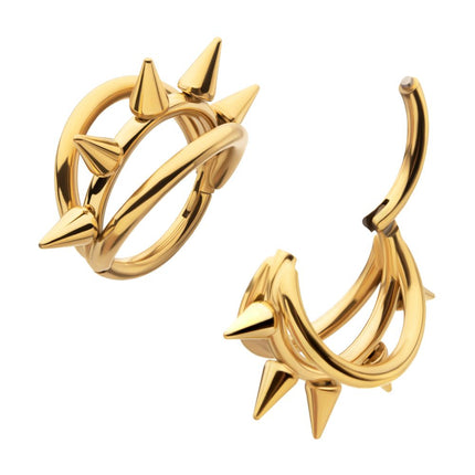 Invictus 24Kt Gold PVD Titanium Five-Spiked Open Stack Triple Hoop Hinged Segment Clicker
