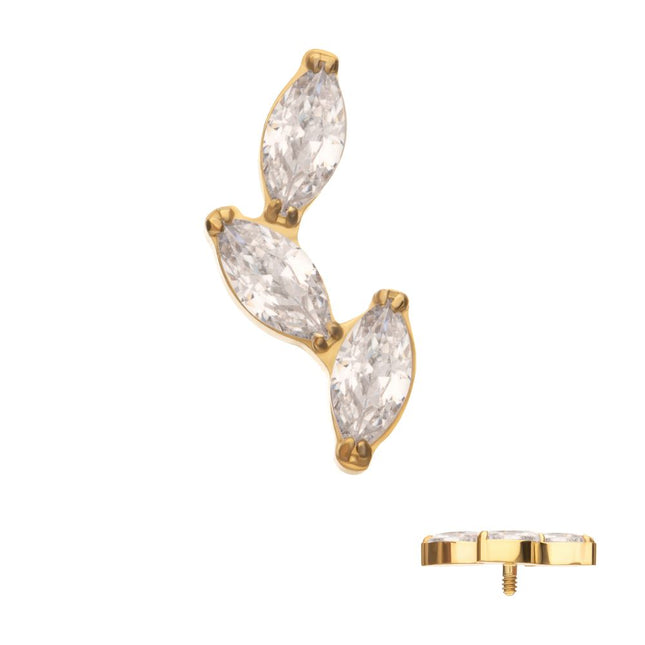 Invictus 24Kt Gold PVD Titanium Internally Threaded Vine Shape Top with 3-Tier Full Clear CZ Gem Marquise