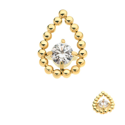 Invictus 24Kt Gold PVD Titanium Internally Threaded Hollow Teardrop Shape Beads with Prong Set CZ Top