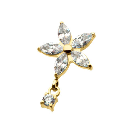 Invictus 24Kt Gold PVD Titanium Internally Threaded 5 Marquise CZ Flower Shape Top with Dangle Prong Set Round CZ