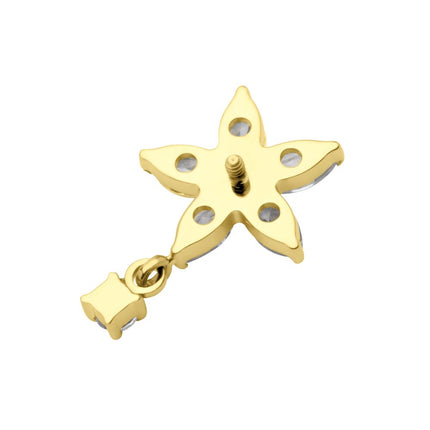 Invictus 24Kt Gold PVD Titanium Internally Threaded 5 Marquise CZ Flower Shape Top with Dangle Prong Set Round CZ