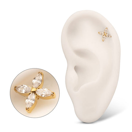 Invictus 24Kt Gold PVD Titanium Internally Threaded 4-Marquise Flower Gem Top