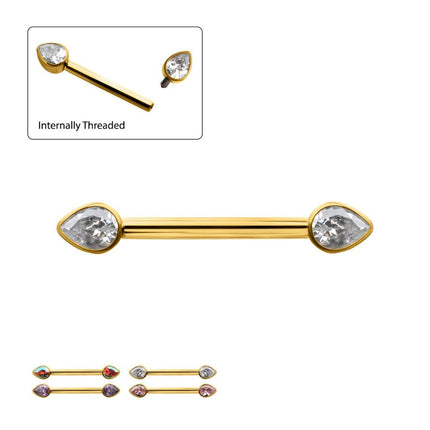 Invictus 24Kt Gold PVD Titanium Bezel Set Teardrop Gem End Nipple Barbell (One Side Fixed, One Side Internally Threaded) | Sold by piece