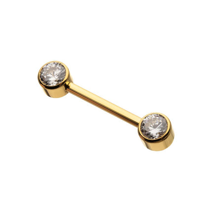Invictus 24Kt Gold PVD Titanium Bezel Set Gem End Nipple Barbell (One Side Fixed, One Side Internally Threaded) | Sold by piece