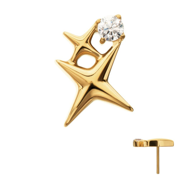 Invictus 24Kt Gold PVD Titanium Threadless Double Celestial Star Top with Prong Set Gem