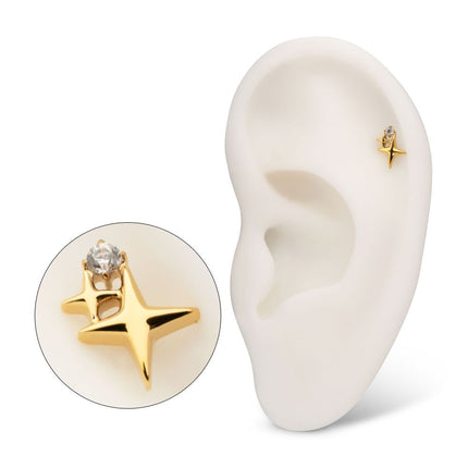 Invictus 24Kt Gold PVD Titanium Threadless Double Celestial Star Top with Prong Set Gem