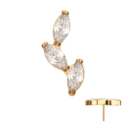 Invictus 24Kt Gold PVD Titanium Threadless Vine Shape Top with 3-Tier Full Clear CZ Gem Marquise