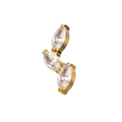 Invictus 24Kt Gold PVD Titanium Threadless Vine Shape Top with 3-Tier Full Clear CZ Gem Marquise