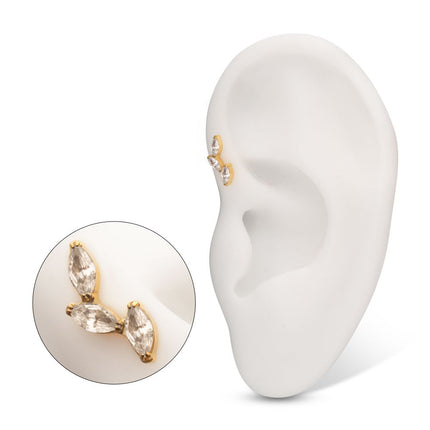Invictus 24Kt Gold PVD Titanium Threadless Vine Shape Top with 3-Tier Full Clear CZ Gem Marquise