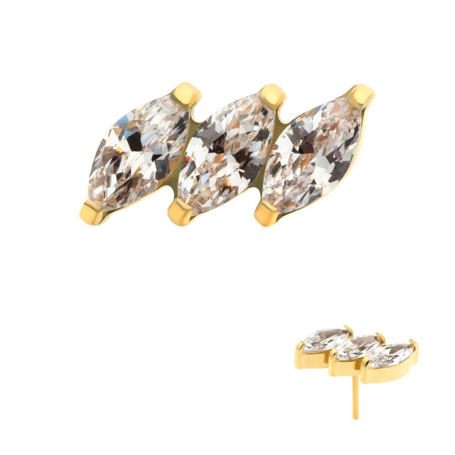 Invictus 24Kt Gold PVD Titanium Threadless Prong Set Marquise CZ Diagonal 3-Cluster Top