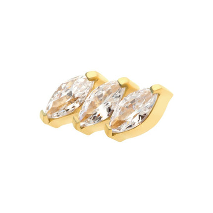 Invictus 24Kt Gold PVD Titanium Threadless Prong Set Marquise CZ Diagonal 3-Cluster Top