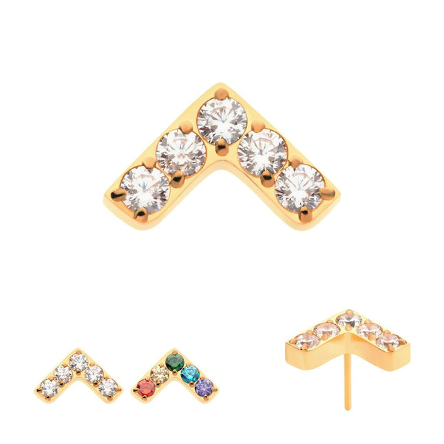 Invictus 24Kt Gold PVD Titanium Threadless Prong Set  5 Round CZ Chevron Shape Top
