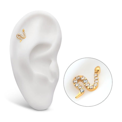 Invictus 24Kt Gold PVD Titanium Threadless Pave Set 13 Clear CZ Snake Top