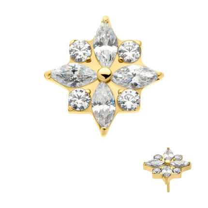 Invictus 24Kt Gold PVD Titanium Threadless with 4 Marquise & 4 Round CZ Flower Shape Top