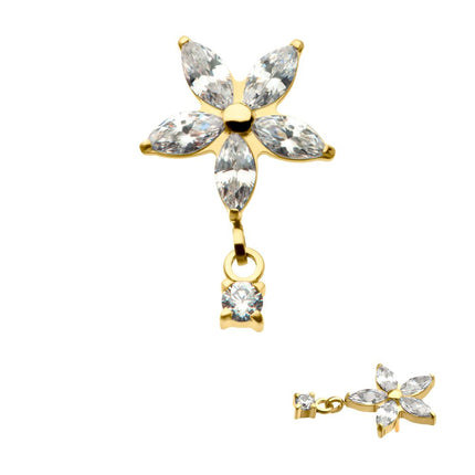 Invictus 24Kt Gold PVD Titanium Threadless 5 Marquise CZ Flower Shape Top with Dangle Prong Set Round CZ