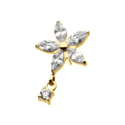 Invictus 24Kt Gold PVD Titanium Threadless 5 Marquise CZ Flower Shape Top with Dangle Prong Set Round CZ