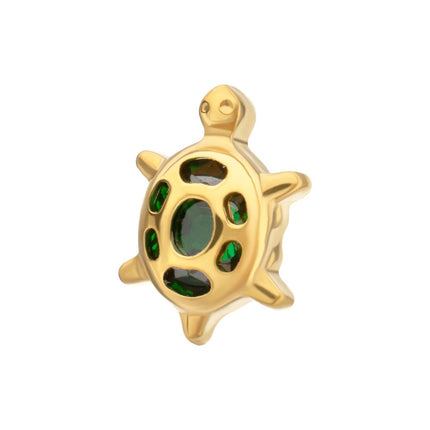 Invictus 24Kt Gold PVD Titanium Threadless Low Profile Cut Out Back Land Turtle Top with Emerald CZ Gem