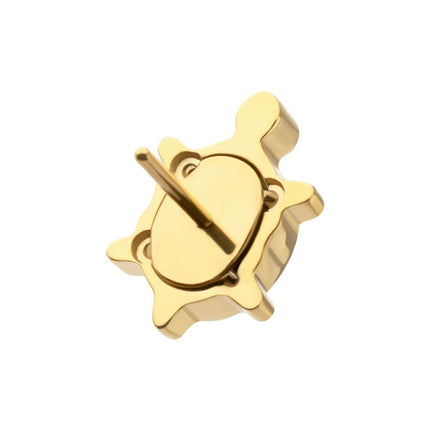 Invictus 24Kt Gold PVD Titanium Threadless Low Profile Cut Out Back Land Turtle Top with Emerald CZ Gem