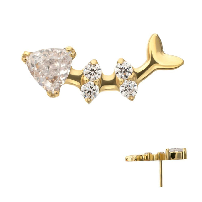 Invictus 24Kt Gold PVD Titanium Threadless Low Profile Fishbone Top with Prong Set Gem