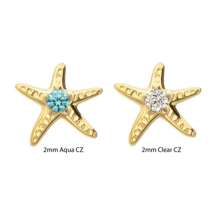 Invictus 24Kt Gold PVD Titanium Threadless Low Profile 3D Starfish Top with Prong Set Gem