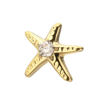 Invictus 24Kt Gold PVD Titanium Threadless Low Profile 3D Starfish Top with Prong Set Gem