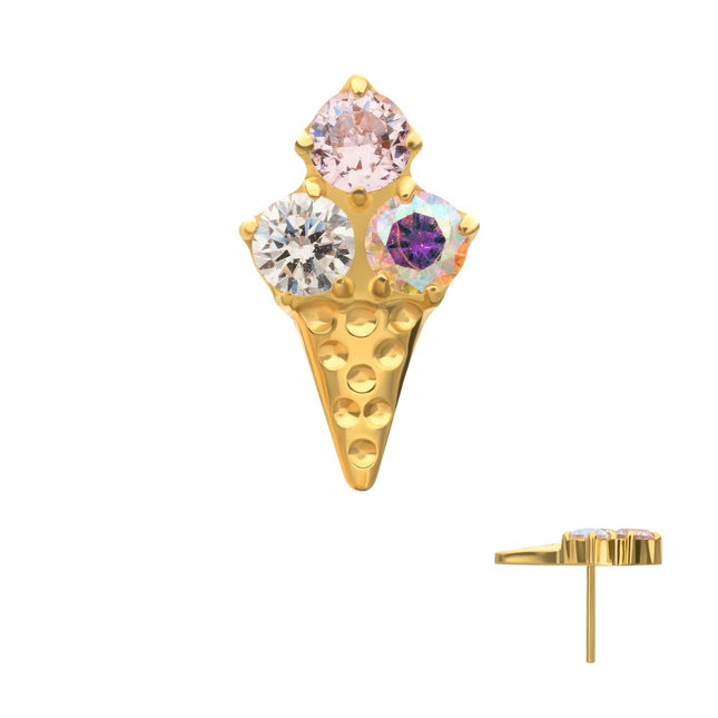 Invictus 24kt Gold PVD Titanium Threadless Prong Set Multi-Gem Ice Cream with Cone Top