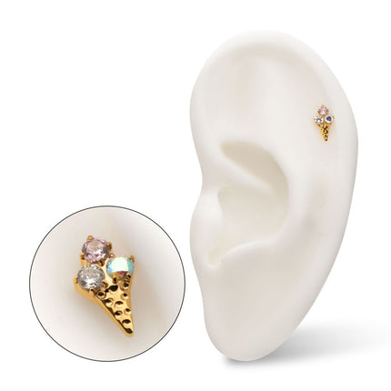 Invictus 24kt Gold PVD Titanium Threadless Prong Set Multi-Gem Ice Cream with Cone Top