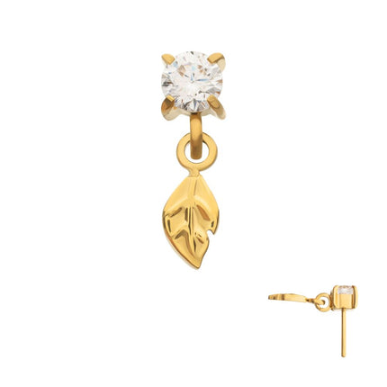Invictus 24kt Gold PVD Titanium Threadless 4-Prong Set Gem Top with Leaf Dangle