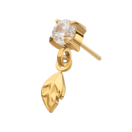 Invictus 24kt Gold PVD Titanium Threadless 4-Prong Set Gem Top with Leaf Dangle
