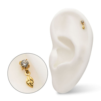 Invictus 24kt Gold PVD Titanium Threadless 4-Prong Set Gem Top with Leaf Dangle