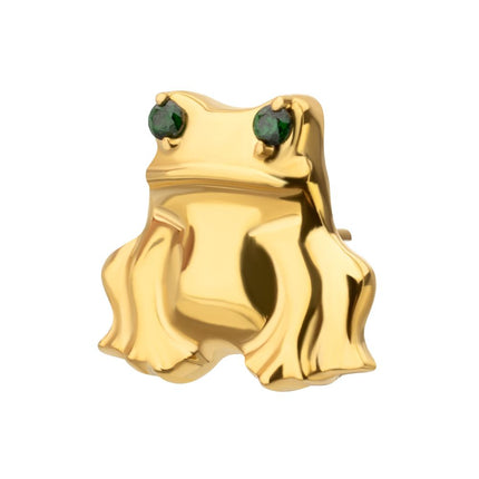 Invictus 24kt Gold PVD Titanium Threadless Prong Set Emerald Green Gem Frog Top
