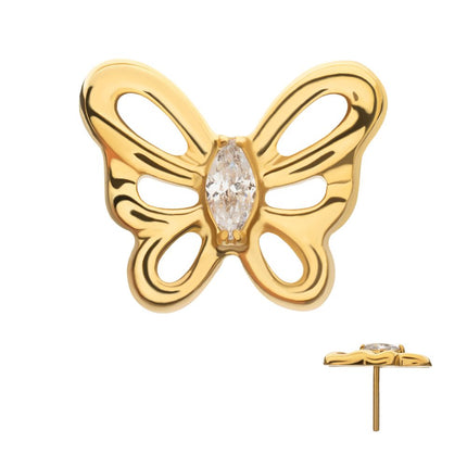 Invictus 24kt Gold PVD Titanium Threadless Prong Set Marquise Gem Cut Out Flutter Butterfly Top