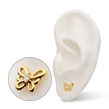 Invictus 24kt Gold PVD Titanium Threadless Prong Set Marquise Gem Cut Out Flutter Butterfly Top