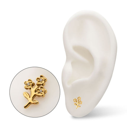 Invictus 24kt Gold PVD Titanium Threadless Prong Set Gem Triple Flower & Stem Top
