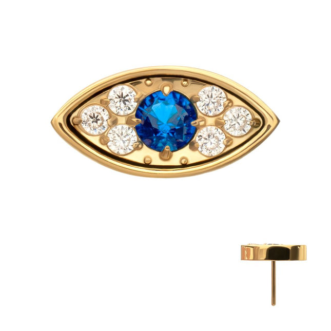 Invictus 24kt Gold PVD Titanium Threadless Evil Eye Top with Blue & Clear CZ Gem