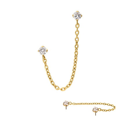 Invictus 24Kt Gold PVD Titanium Threadless Double Prong Set Gem Top with Rolo Chain Dangle