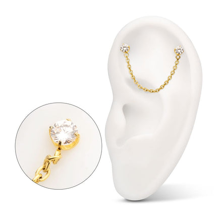 Invictus 24Kt Gold PVD Titanium Threadless Double Prong Set Gem Top with Rolo Chain Dangle