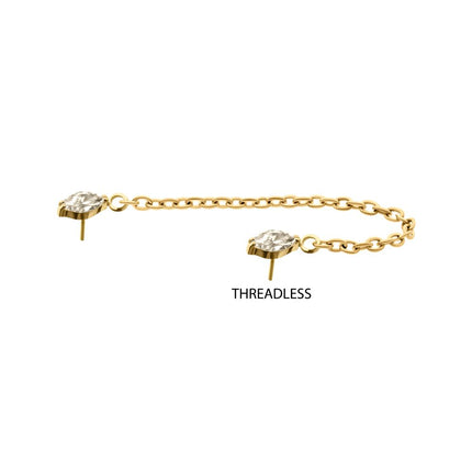 Invictus 24Kt Gold PVD Titanium Threadless Double Prong Set Marquise Gem Top with Rolo Chain Dangle
