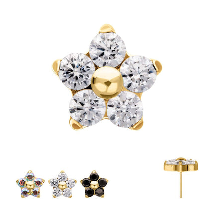 Invictus 24Kt Gold PVD Titanium Threadless Prong Set Gem 5-Petal Flower Top