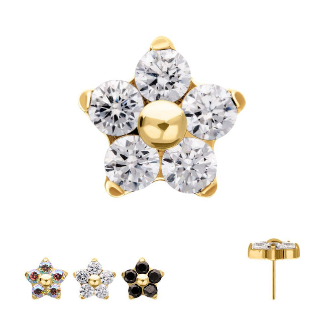 Invictus 24Kt Gold PVD Titanium Threadless Prong Set Gem 5-Petal Flower Top