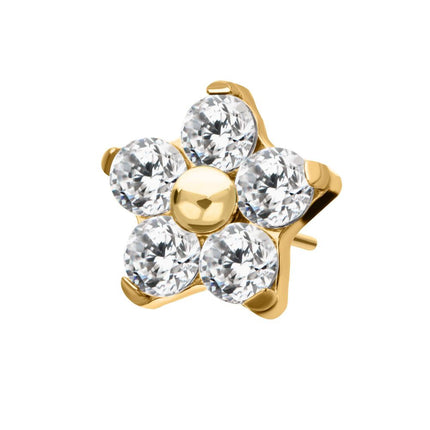 Invictus 24Kt Gold PVD Titanium Threadless Prong Set Gem 5-Petal Flower Top