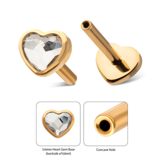 Invictus 24Kt Gold PVD Titanium Threadless 4mm Bezel Heart Gem Back Duality Labret (Base Only)