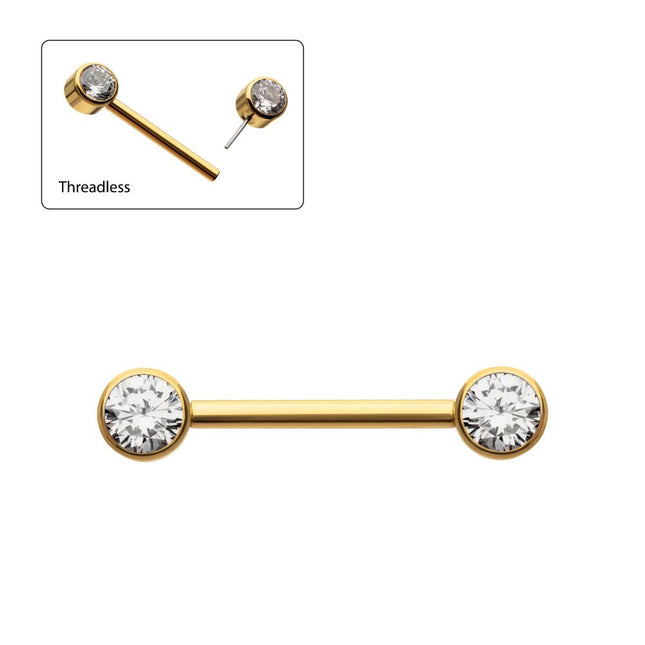 Invictus 24Kt Gold PVD Titanium Threadless Bezel Set Gem End Nipple Barbell (One Side Fixed, One Side Threadless ) | Sold by piece