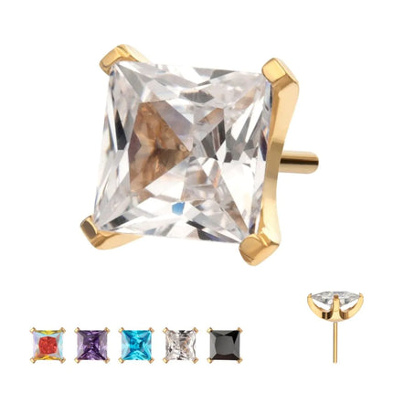 Invictus 24Kt Gold PVD Titanium Threadless Flat Base Low Profile 4 Prong Princess Cut Gem Top