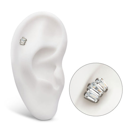 Invictus Titanium Internally Threaded Flat Base Labret with Prong Set Baguette CZ 3-Cluster Top