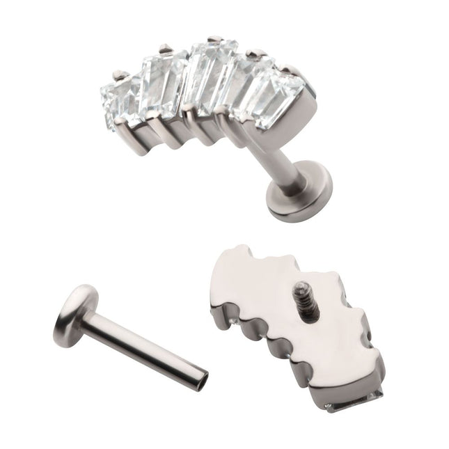 Invictus Titanium Internally Threaded Flat Base Labret with Prong Set Baguette CZ 5-Cluster Fan Shape Top