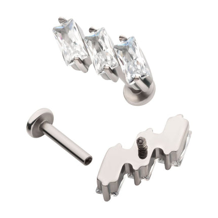 Invictus Titanium Internally Threaded Flat Base Labret with Prong Set Baguette CZ Diagonal 3-Cluster Top