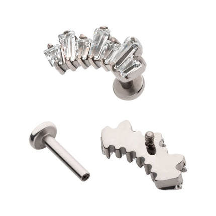 Invictus Titanium Internally Threaded Flat Base Labret with Prong Set Baguette CZ 7-Cluster Fan Shape Top