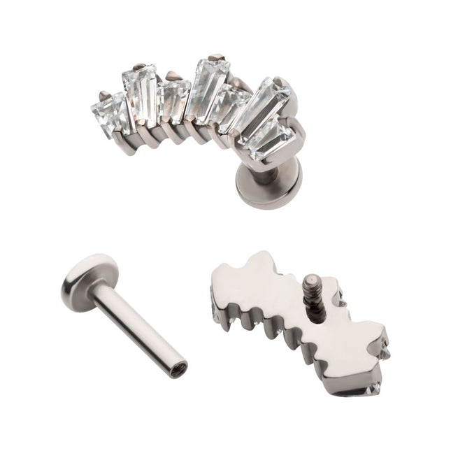 Invictus Titanium Internally Threaded Flat Base Labret with Prong Set Baguette CZ 7-Cluster Fan Shape Top