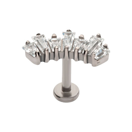 Invictus Titanium Internally Threaded Flat Base Labret with Prong Set Baguette CZ 7-Cluster Fan Shape Top